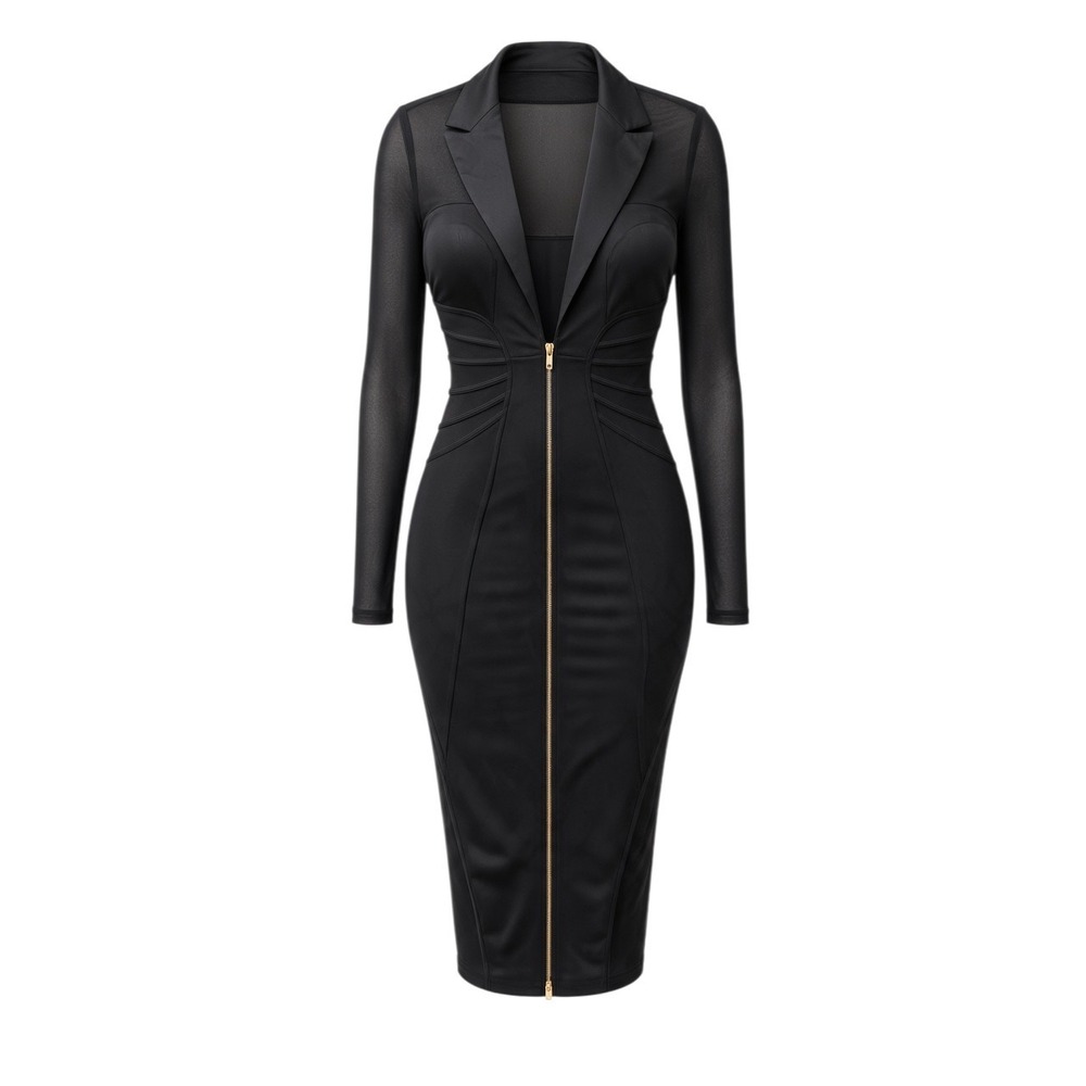 Goodtimeusa Midi Dress Womens XL Black Mesh Sleeve Zip Front Blazer Style 40016